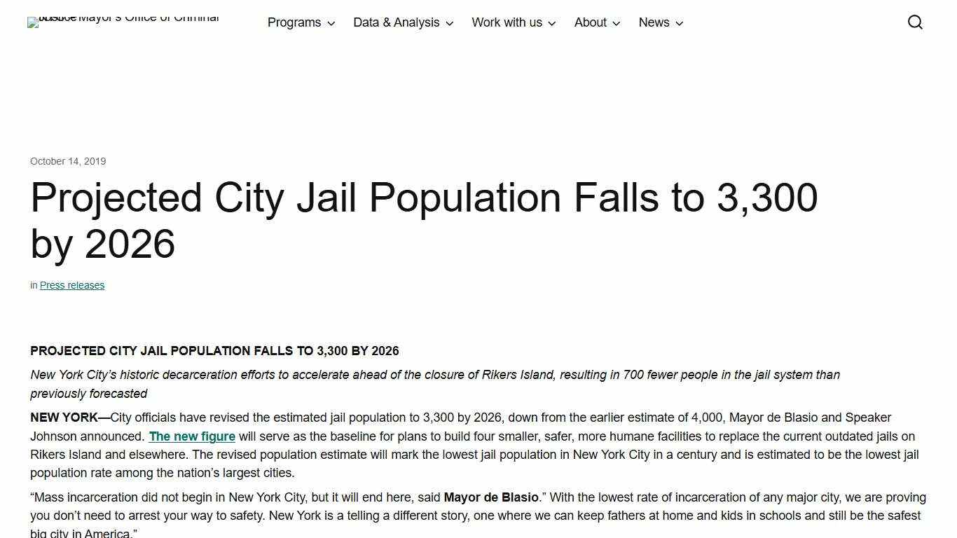 Projected City Jail Population Falls to 3,300 by 2026 - NYC - Mayor's Office of Criminal Justice